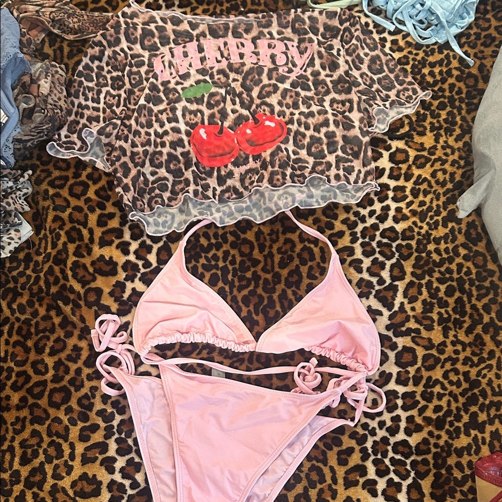 Pink Triangle String Bikini Set with Cherry Mesh Crop Top